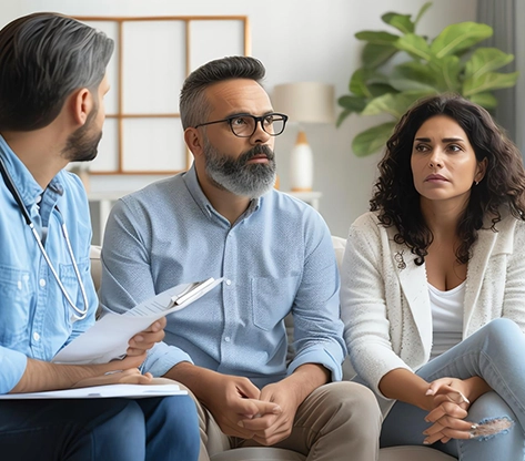Clinician with a clipboard speaking with a man and a woman during a family consultation